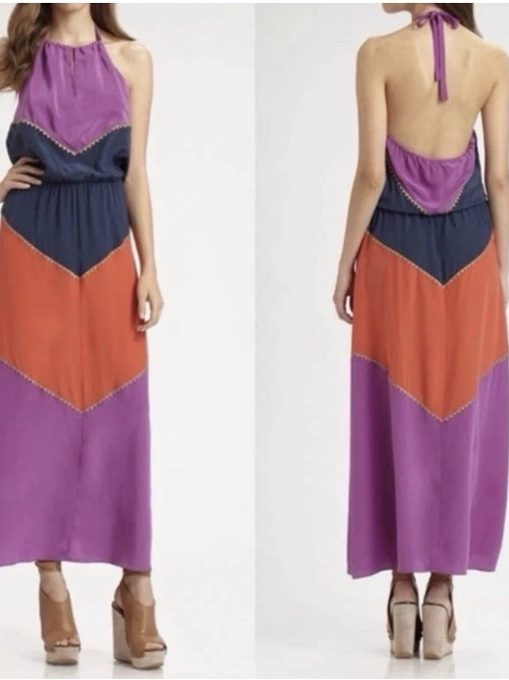BCBGMaxAzria Purple, Navy & Orange Halter Colorblock Maxi Dress